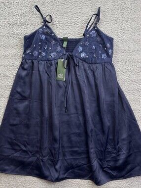 Women's Navy Embroidered Satin Nightgown Dress